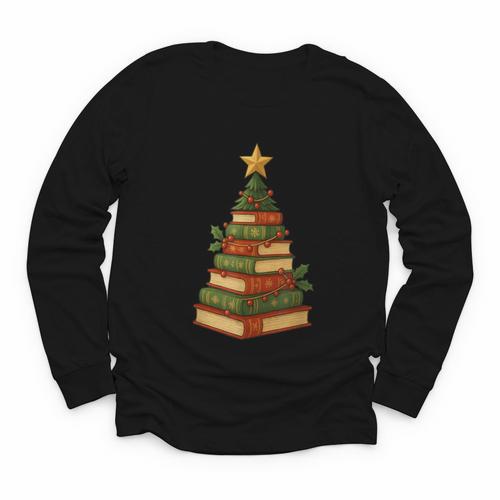 Christmas Book Tree Bookshelf Holiday For Readers Librarians Youth Long Sleeve Tee - Bookorys DE