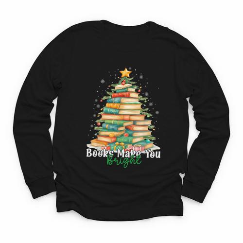 Christmas Books Make You Bright Librarian Teacher Book Lover Youth Long Sleeve Tee - Bookorys DE