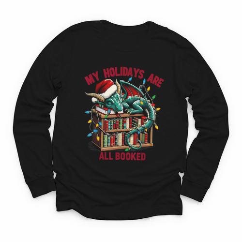 Christmas Dragon My Holidays Are All Booked Book Lovers Kids Youth Long Sleeve Tee - Bookorys