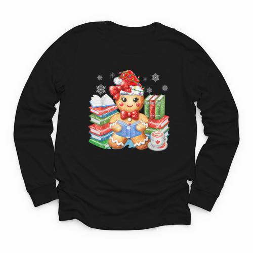Christmas Gingerbread Man Reading Book Snowflake Teacher Youth Long Sleeve Tee - Bookorys