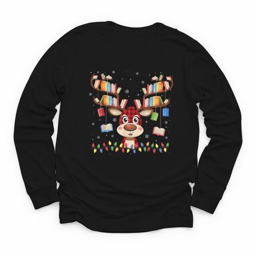 Christmas Librarian Reindeer Matching Book Lover Youth Long Sleeve Tee - Bookorys CA