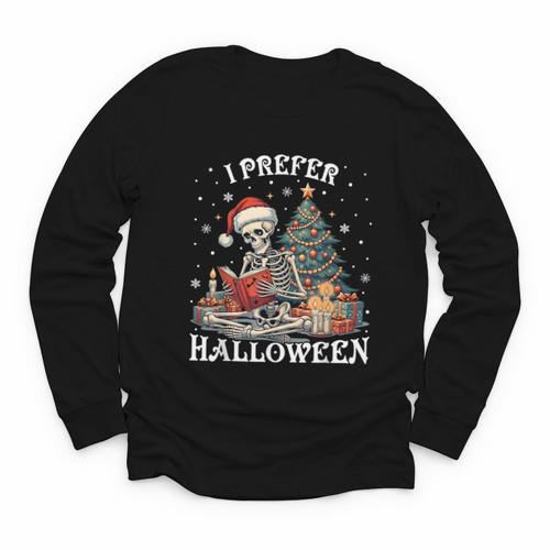 Christmas Outfit I Prefer Halloween Book Reading Skeleton Youth Long Sleeve Tee - Bookorys AU