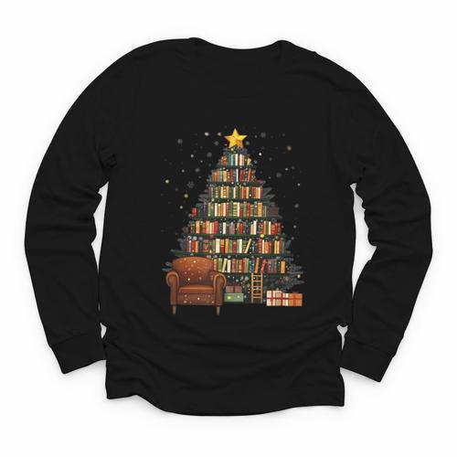 Christmas Tree Bookshelf Book Lover Library Youth Long Sleeve Tee - Bookorys