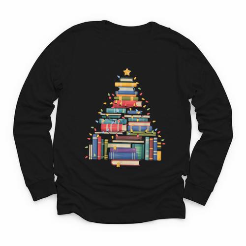 Christmas Tree Made Of Books Librarian Reader Holiday Youth Long Sleeve Tee - Bookorys CA