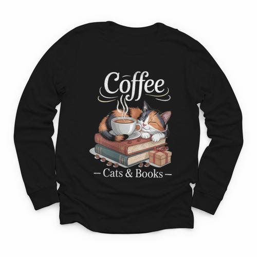 Coffee Cats And Books Cozy Calico Reader Love Cute Cat Youth Long Sleeve Tee - Bookorys CA