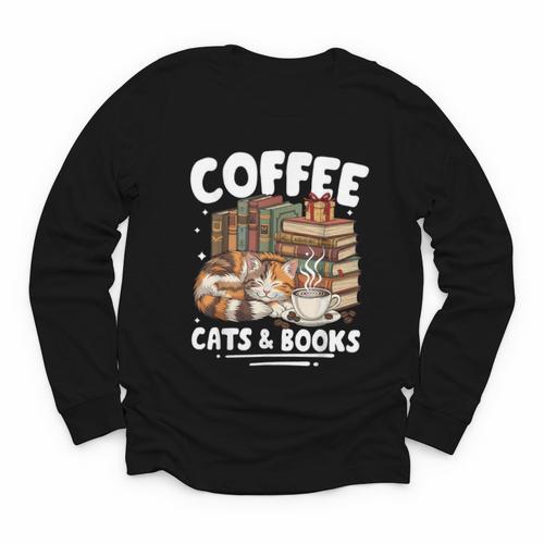 Coffee Cats And Books Cats And Reading Lovers Youth Long Sleeve Tee - Bookorys DE