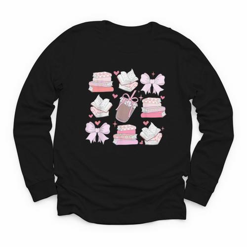 Coquette Bow Book Coffee Valentines Bookish Library Teacher Youth Long Sleeve Tee - Bookorys AU
