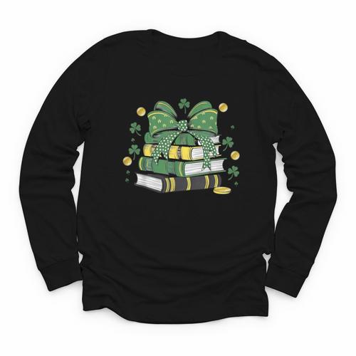 Coquette Bow Books St Patrick's Shamrock Bookworm Librarian Youth Long Sleeve Tee - Bookorys DE