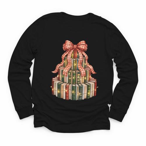 Coquette Christmas Book Tree Xmas Lights Librarian Teacher Youth Long Sleeve Tee - Bookorys DE