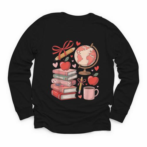 Coquette Teacher School Supplies Bows Books Globe Apple Cute Youth Long Sleeve Tee - Bookorys CA