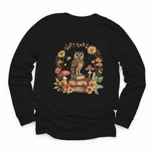 Cottagecore Aesthetic Owl Books Mushroom Witchy Floral Youth Long Sleeve Tee - Bookorys