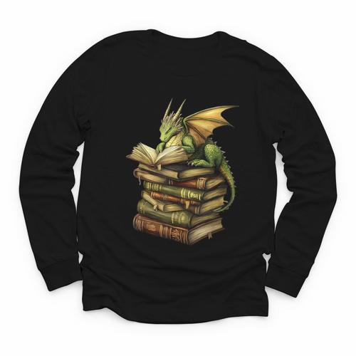 Cottagecore Moon Mushroom Dragon Sitting On Book Goblincore Youth Long Sleeve Tee - Bookorys