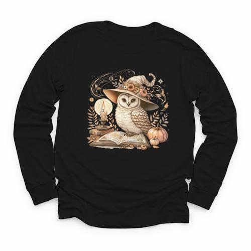 Cottagecore Owl Witch On Book Pumpkin Halloween Youth Long Sleeve Tee - Bookorys