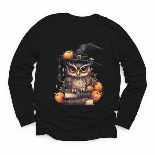 Cottagecore Owl Witch Hat On Book Pumpkin Halloween Costume Youth Long Sleeve Tee - Bookorys CA