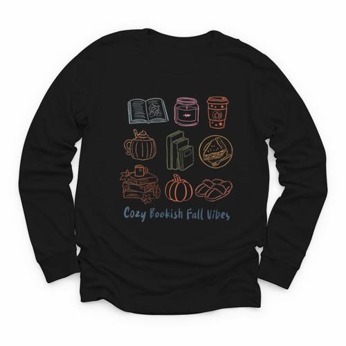 Cozy Bookish Fall Vibes Pumpkin Latte Books Autumn Reading Youth Long Sleeve Tee - Bookorys