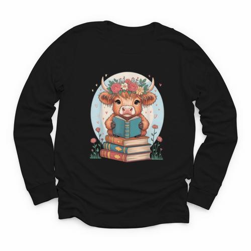 Cute Baby Highland Cow Reading Book Bookworm For Men Women Youth Long Sleeve Tee - Bookorys