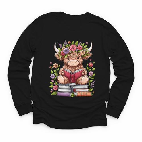 Cute Baby Highland Cow With Reading Book Bookworm Youth Long Sleeve Tee - Bookorys UK