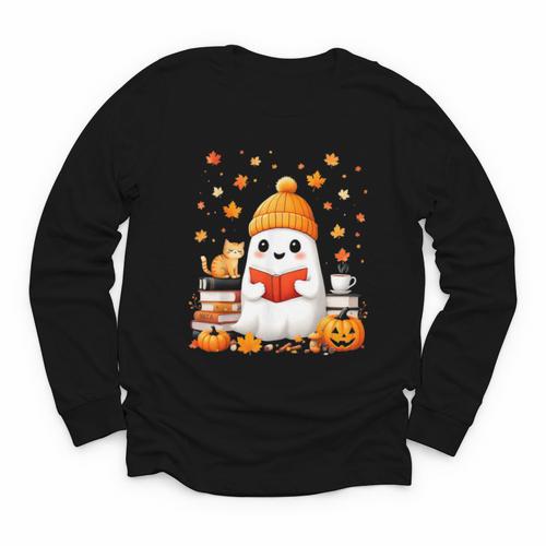 Cute Beanie Ghost Bookworm Cozy Book Reading Halloween Youth Long Sleeve Tee - Bookorys AU