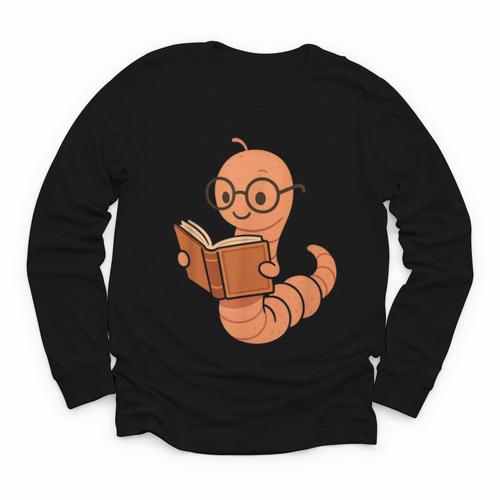 Cute Bookworm Worm Reading Book Glasses Nerdy Youth Long Sleeve Tee - Bookorys CA