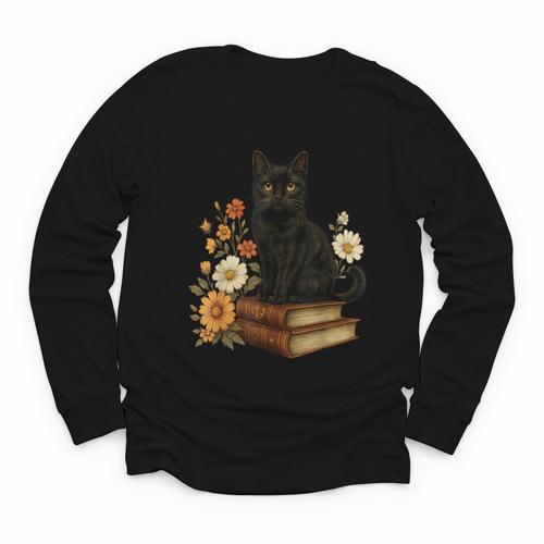 Cute Cat Book Flowers Youth Long Sleeve Tee - Bookorys