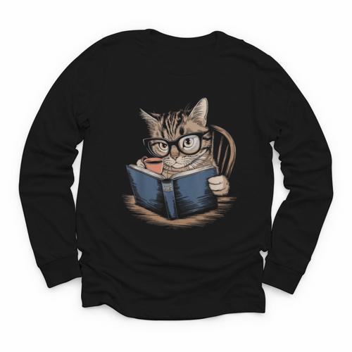 Cute Cat Reading Books With Tea Youth Long Sleeve Tee - Bookorys AU