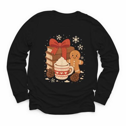Cute Christmas Books Gingerbread Xmas Book Lover Teacher Youth Long Sleeve Tee - Bookorys