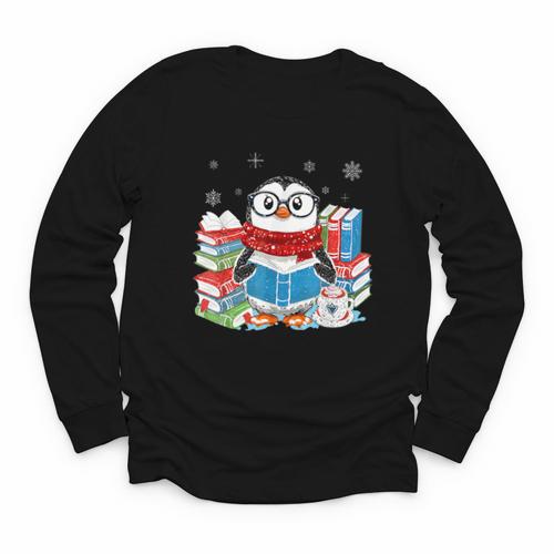 Cute Christmas A Penguin Reading Book Snowflake Hot Teacher Youth Long Sleeve Tee - Bookorys CA