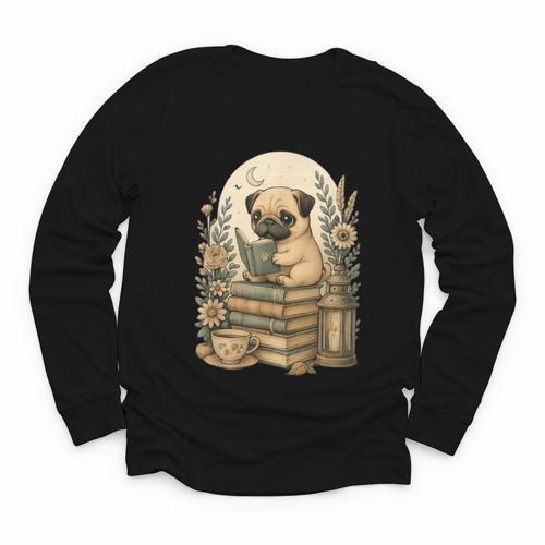 Cute Cottagecore Aesthetic Dog Pug Reading Book Nerd Youth Long Sleeve Tee - Bookorys