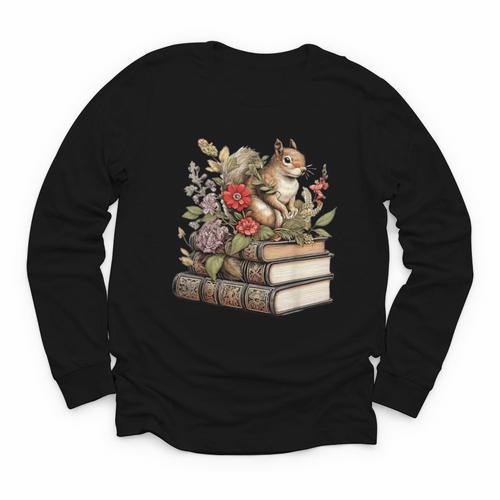 Cute Cottagecore Aesthetic Squirrel With Flowers Books Youth Long Sleeve Tee - Bookorys UK