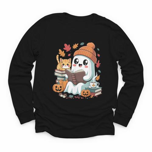 Cute Cozy Ghost Reading With Cat Book Lover Autumn Fall Youth Long Sleeve Tee - Bookorys