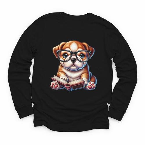 Cute Dog Puppy English Bulldog Reading Book Youth Long Sleeve Tee - Bookorys AU