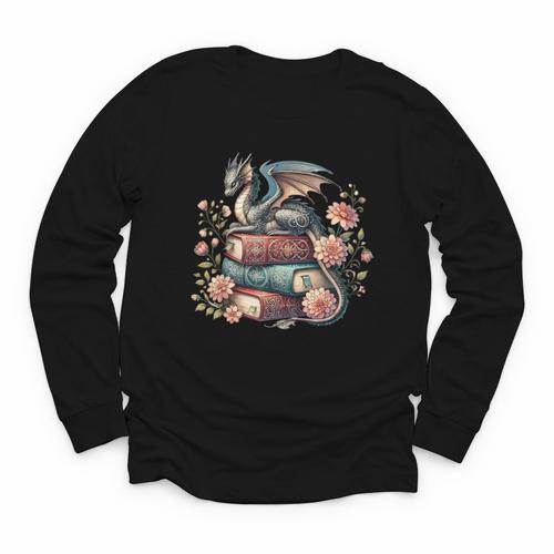 Cute Dragon Books Cottagecore Flower Bookworm Book Lover Youth Long Sleeve Tee - Bookorys UK