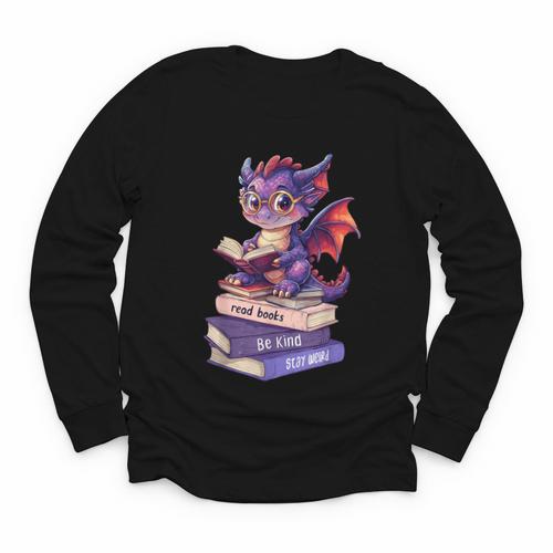 Cute Dragon Read Books Be Kind Stay Weird Book Lover Youth Long Sleeve Tee - Bookorys DE