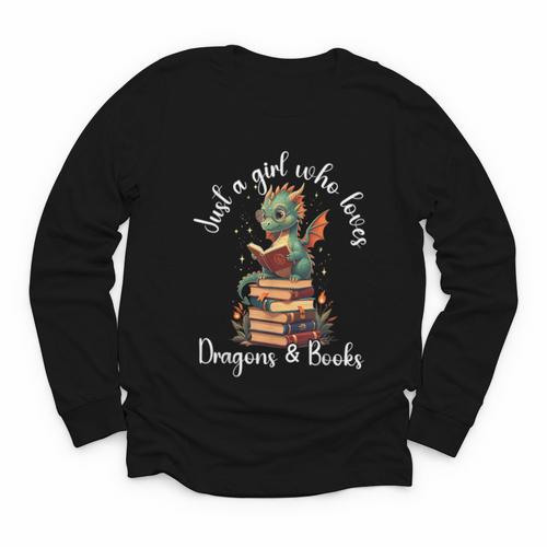 Cute Dragon Reading Book Bookworm Dragon And Books For Women Youth Long Sleeve Tee - Bookorys CA