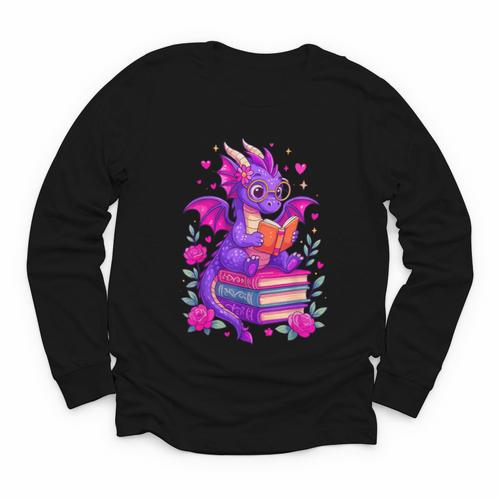 Cute Dragon Reading Books Bookworm Youth Long Sleeve Tee - Bookorys AU