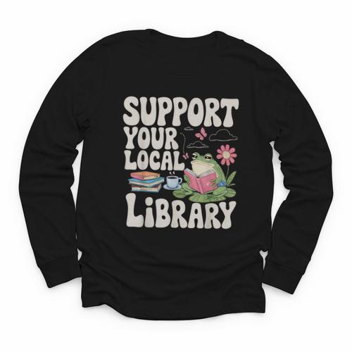 Cute Frog Support Your Local Library Librarian Book Lover Youth Long Sleeve Tee - Bookorys UK