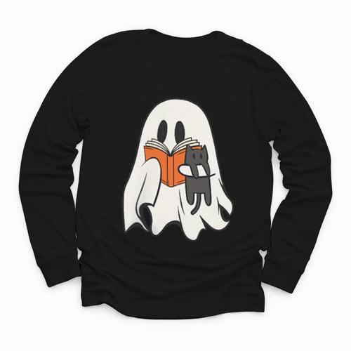 Cute Ghost Cat Reading Book Spooky Season Halloween Costume Youth Long Sleeve Tee - Bookorys CA