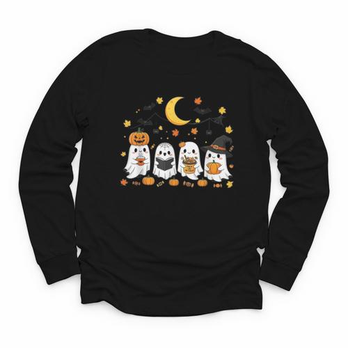 Cute Ghost Drinking Coffee Halloween Fall Ghost Book Reading Youth Long Sleeve Tee - Bookorys