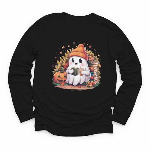 Cute Ghost Drinking Coffee Halloween Reading Book Retro Youth Long Sleeve Tee - Bookorys CA