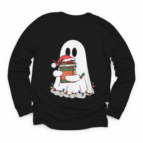 Cute Ghost Holding Books Bookish Christmas Youth Long Sleeve Tee - Bookorys DE