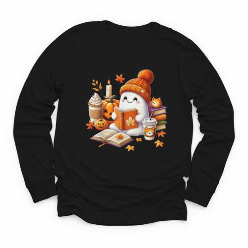 Cute Ghost Reading Book Lovers Halloween Pumpkin Women Girls Youth Long Sleeve Tee - Bookorys