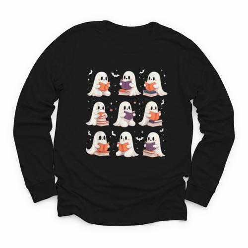 Cute Ghost Reading Book Lovers Halloween Ghost Youth Long Sleeve Tee - Bookorys DE