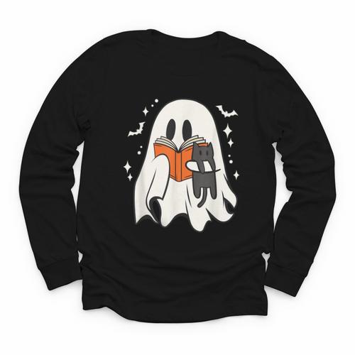 Cute Ghost Reading Book Spooky Season Halloween Costume Kids Youth Long Sleeve Tee - Bookorys