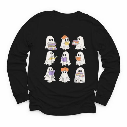 Cute Ghost Reading Books Teacher Halloween Reading Men Women Kids Youth Long Sleeve Tee - Bookorys CA