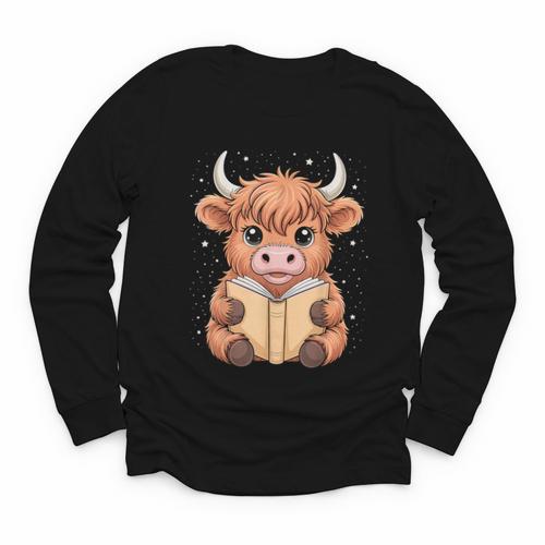 Cute Highland Cow Reading Book Youth Long Sleeve Tee - Bookorys AU