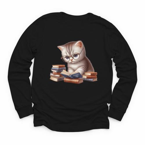 Cute Kitten Bookworm Adorable Cat With Glasses Reading Book Youth Long Sleeve Tee - Bookorys