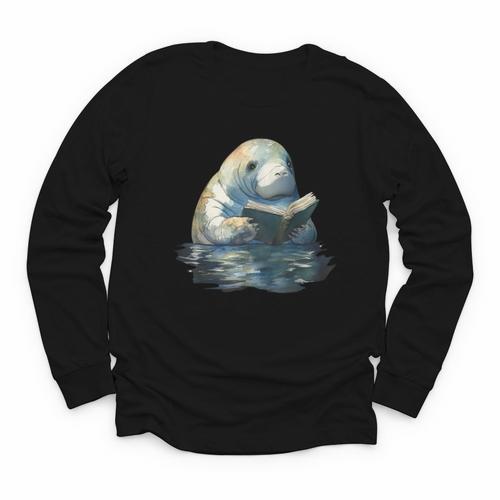 Cute Manatee Reading Book Bookworm Readers Manatee Lover Youth Long Sleeve Tee - Bookorys DE