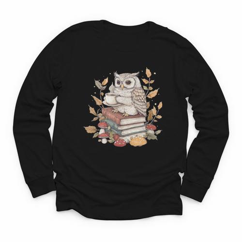 Cute Owl Sitting On Books With Coffee Cottage Core Youth Long Sleeve Tee - Bookorys CA
