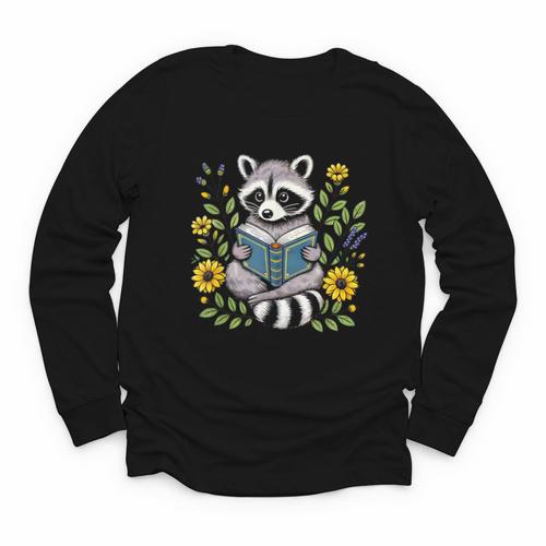 Cute Raccoon Reading Book Flowers Youth Long Sleeve Tee - Bookorys CA