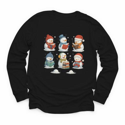 Cute Snowman Reading Books Christmas Winter Book Lover Youth Long Sleeve Tee - Bookorys